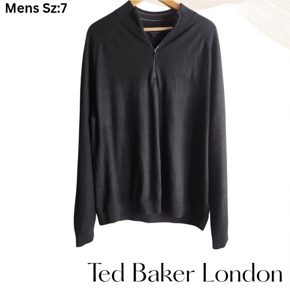 Ted Baker London Quarter‎ Zip Wool Sweater Black Textured Knit Men's Size 7 XXL